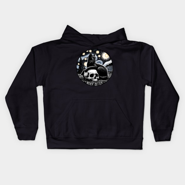 Never Better - Cat and skull Van Gogh inspired Kids Hoodie by PrintSoulDesigns